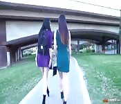 Dos coños calientes en pene duro como una roca